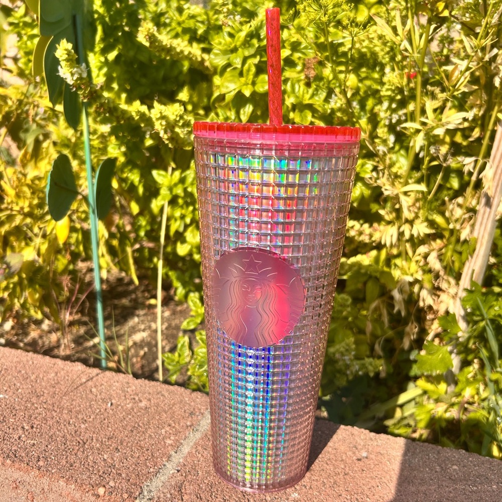 Starbucks Pink Rainbow Iridescent Grid 24 oz tumbler cold cup
